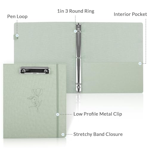 SKYDUE Clipboard Binder with Dividers,1 Inch Linen 3 Ring Binder with Clipboard on Front for Organizer, Clipboard Folder with Pocket, Labels Office Supplies OliveGreen - color: Olive Green