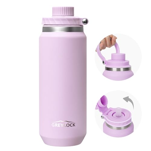 GREYLOCK 32 oz Insulated Water Bottle with Straw Lid, Leakproof Reusable Stainless Steel Vacuum Flask, 24hr Cold & Hot, Carry Handle & Silicone Spout, BPA-Free for Gym, Hiking, Travel, Purple - color: Lilac, size: 32 Ounces