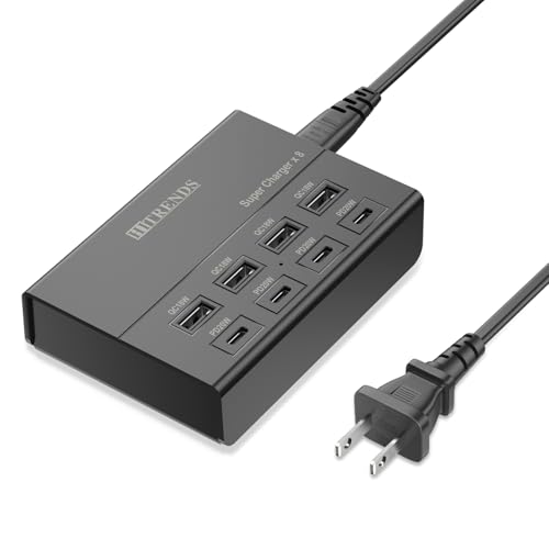 USB Charger with USB C PD20W and USB A QC18W, HITRENDS 60W PD Fast Charging Station, 5ft 8-Port Multiple Desktop Multi Port USB Charging Hub Compatible with iPad iPhone 17/16/15/14, Galaxy S24/S23/S22 - color: Black