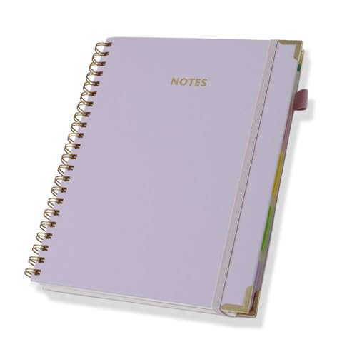 Hardcover Spiral Five Subject Notebook, Multi Subject Notebooks, Purple | Removable Dividers, Large Leather Journal, 150 Sheets, 300 Pages, 8.5''x11'', US Letter Size - color: Purple