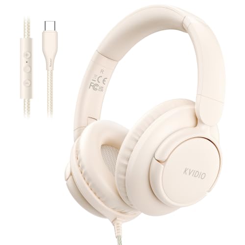 KVIDIO Wired USB C Headphone with Microphone, Over Ear Foldable Type C Corded Headphones with 4.9ft Tangle-Free Cord for Tablet Laptop School Airplane Travel, Beige - color: Beige