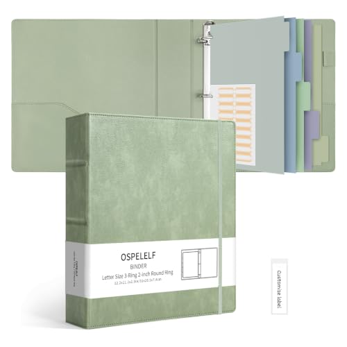 Ospelelf Vintage Hardcover 3 Ring 2 inch Leather Binder, Professional Binders Organizer Suitable for Letter Size, Binder Dividers with Tabs, Light Green - color: Light Green, size: Letter Size - 2 Inch Ring