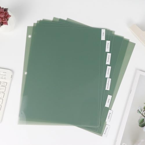 Buqoo 3 Ring Binder Dividers with 8 Reusable Tabs - Sturdy Green Plastic Index Dividers, Letter Size 8.4"x10.9" for School, Office, Planner & Journal - color: Green