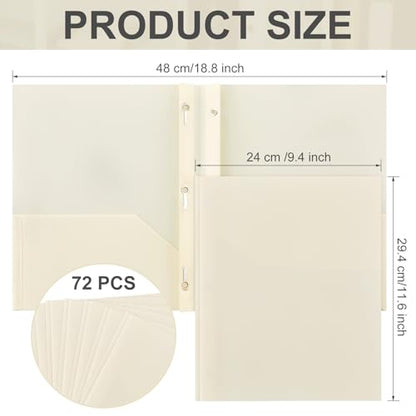 Cholemy 72 Packs Pocket Folders with Prongs Heavy Duty Plastic Folder with Business Card Slot 3 Prong Fasteners for School Office (Beige) - color: Beige