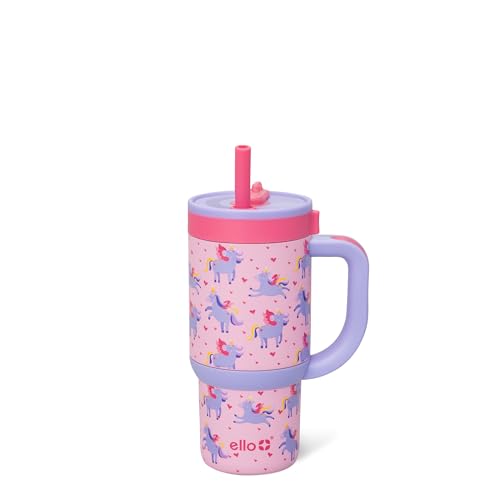 Ello Oasis 14oz Stainless Steel Toddler Tumbler with Handle & Retracting Straw, 100% Leakproof, Double-Wall Vacuum Insulated, Kids Water Bottle for School, BPA Free, Dishwasher Safe, Unicorns - color: Unicorns, size: 14 Ounces