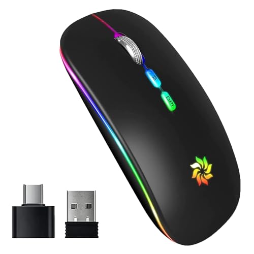 KBCASE Wireless Mouse 2.4G, Black | LED Backlit Wireless Mouse, Slim Silent Rechargeable Wireless Mouse for Laptop, Computer, MacBook, with USB & Type-c Receiver - color: Black with LED Backlit