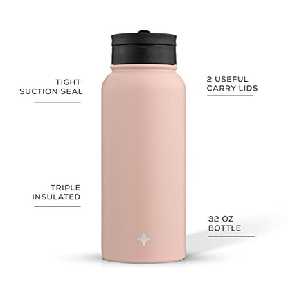 JoyJolt Triple Insulated Water Bottle with Straw Lid AND Flip Lid! 32oz, 12 Hour Hot/Cold Vacuum Insulated Stainless Steel Large Bottle. BPA-Free Leakproof Thermos Water Bottles - color: Blush Pink, size: 32 Ounces