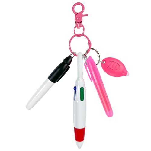 5 Pcs Nurse Accessories Pen Set, Nursing Essentials Include Badge Keychain Clip, Mini Highlighter, Permanent Marker, Ballpoint Pen and LED Keychain Flashlight, Pink - color: Pink