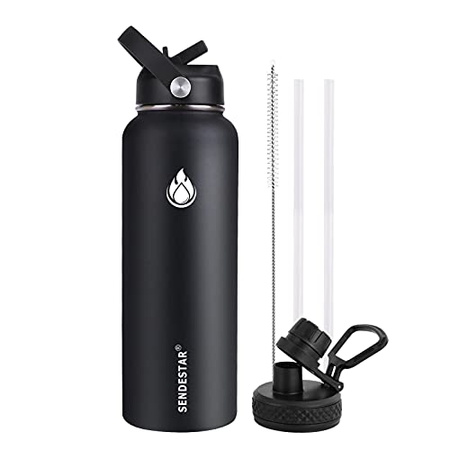 SENDESTAR Stainless Steel Water Bottle, Insulated Water Bottle 40 oz with New Straw Lid or Spout Lid Keeps Liquids Hot or Cold with Double Wall Vacuum Insulated Bottle (Black) - color: Black, size: 40 Ounces