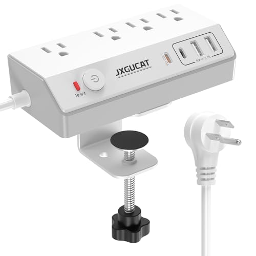 Desk Clamp Power Strip 10FT with PD 20W Fast Charging USB C, JXGUCAT Desk Mount Power Strip Surge Protector, Removable Extension Cord with 4 Outlets 4 USB Ports, Fit 1.8" Tabletop Edge, White