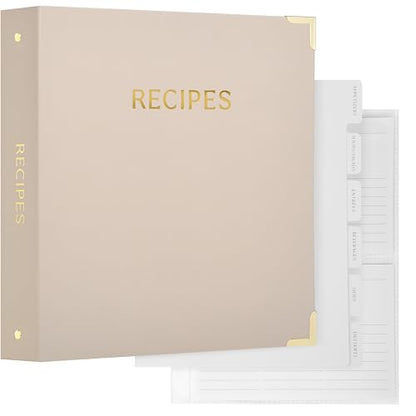 Aesthetic Recipe Binder with Polyester Waterproof cloth Cover - The Perfect Recipe Book with Plastic Sleeves to Write in Your Own Recipes - Quality Blank Cookbook Binder, Cards incl. - color: Oat, size: Medium - 9.5x8.5"
