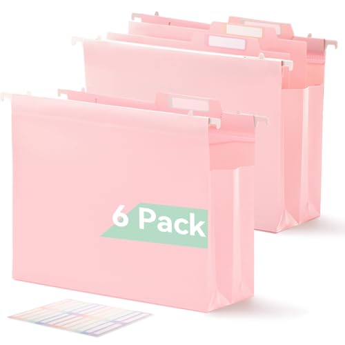 SortRax Plastic High Capacity Hanging File Folders, 4" Expansion for Bulky Documents, Side-Sealed Pocket, Holds Heavy Files, Letter Size, Movable Dividers, Insertable Tabs, 6 Pack, Pink - color: Pink