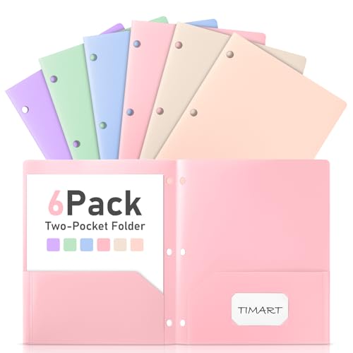 Timart Folders with Pockets 3 Hole Punched-6 Pack, 2 Pocket Heavy Duty Plastic Pocket Folders for 3 Ring Binder, Fit Letter Size File Folder for School Office (Pastel) - color: Pastel