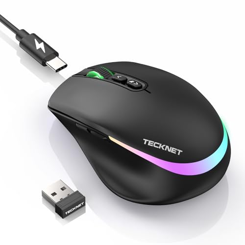 TECKNET Wireless Mouse Jiggler, Rechargeable Mouse with Built-in Mouse Mover, 6 Adjustable DPI,14 LED Modes, Silent Click,Undetectable Random Movement Keeps Computer Awake for Laptop/PC/Mac - Black - color: Black