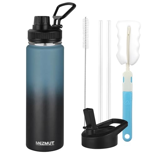MEZMUT 24oz Stainless Steel Metal Sports Insulated Water Bottle(Blue/Black） | Leak-Proof Reusable Travel Cup for Man, Double Wall Vacuum Cold Water Bottle with Straw and 2 Lids for Hiking, Camping, Gym - color: Indigo Black, size: 24 Ounces
