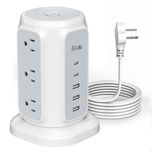 Power Strip Tower, 1625W Surge Protector with 9AC Outlets 5 USB Ports, 6.5 FT Extension Cord Charging Tower for Multiple Devices, for Office Supplies, Dorm Room Essentials for Girls, Guys - color: White