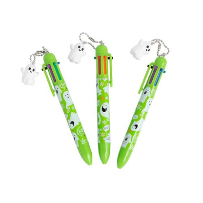 Fun Express Halloween Pens Multicolor Pen 12 Pack - Ghost Charm Shuttle Pens with 6 Color Ink | Halloween Classroom Gifts Bulk for Kids Students Teachers | Halloween Office Supplies Party Favors