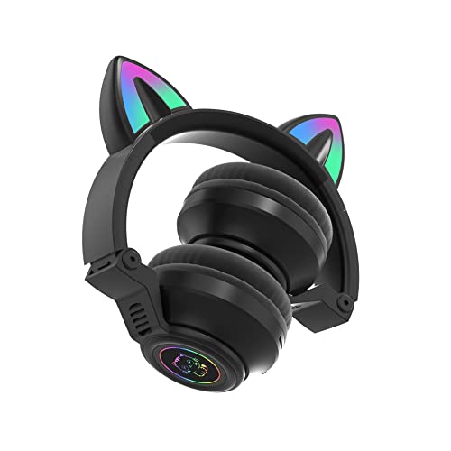 Cat Ear Bluetooth Headphones for Kids & Adults, Wireless Foldable & Wired Multi-Function LED Light Up Over Ear Headphones with Mic and Volume Control for iPhone/iPad/Laptop/PC (Black) - color: Black