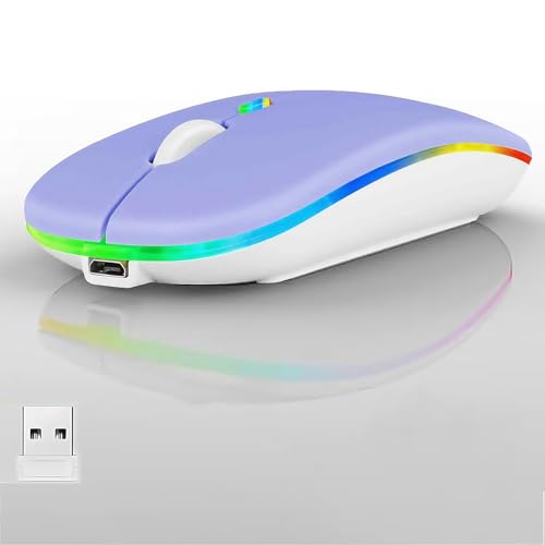 LED Wireless Mouse, Slim Silent Dual-Mode 2.4G+BT Rechargable 7-Color Portable Mobile Optical Office Mouse with USB Receiver, 3 Adjustable DPI Levels for Notebook, PC, Computer, MacBook (Purple) - color: Purple