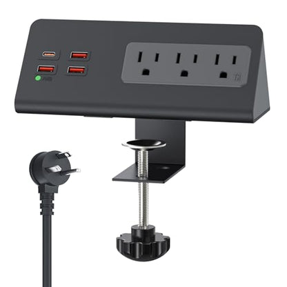 Nightstand Power Strip with PD 20W USB-C, Haylink Desk Surge Protector with 3 AC Outlets & 4 USB Ports, 2M Flat Plug, Desktop Clamp Power Outlet for Office, Home, Hotel, Dormitory, Black