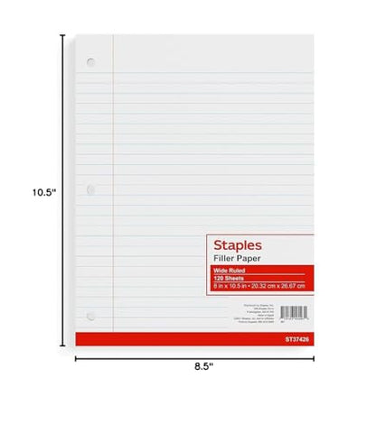 STAPLES Wide Ruled Filler Paper, 8” x 10.5”, 120 Sheets/Pack, 36‑Pack - size: 8'' x 10.5'', style: 4,320 Sheets