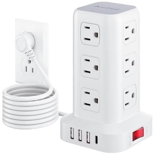 AnnTane Surge Protector Power Strip 6.5 FT Cord, Power Strip Tower with 4 USB Ports (1USB C), Extension Cord with 12 AC Multiple Outlets, Home Office Supplies Desk Accessories, Dorm Room Essentials - color: White, size: 6.5FT