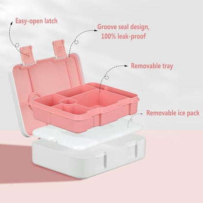 JOOPETALK Chill Bento Lunch Box for Kids Adult with Ice Pack,6-Compartment Reusable Leak-proof Lunch Container for Girls Boys to School,Keep Food Cold&Fresh,Dishwasher & Freezer Safe - color: White