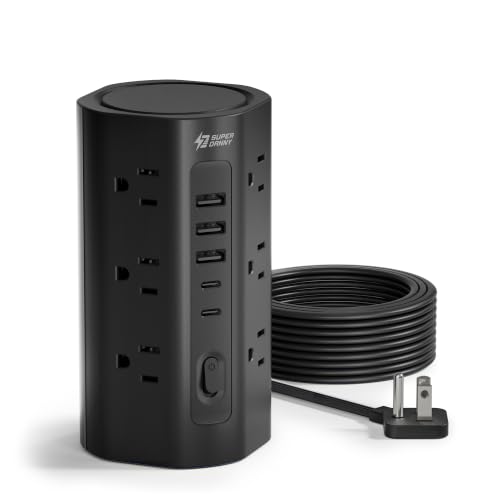 20Ft Extension Cord Power Strip Tower with Multiple Outlets, Flat Plug Power Tower 1700J Surge Protector, 12 AC Outlets 5 USB Ports (2 USB C), Desk USB Charging Station, Home Office Dorm Room, Black - color: Black, size: 20 FT