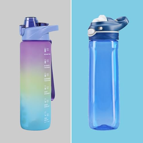 DEARART 2-Pack 32oz Purple-Mix Water Bottle & 24oz Blue Water Bottle BPA FREE Hidden Cup Mouth Has Handle Easy Carried, Suit School Office Walking Yoga Gym Working etc.