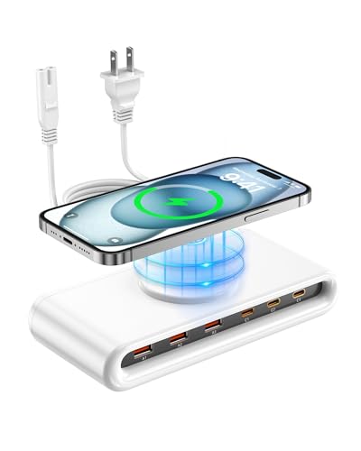 USB C Charging Station with 10W Wireless Charger, 145W USB C Charger Block with with 5FT Extension Cord, 7-in-1 Multi USB Charging Station for Home Office
