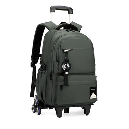 Bansusu Kids Rolling Backpack for Boys School, Classic School Bag Roller Boys Backpack with 6 Wheels, Army-green - color: 6 Wheels-army-green, style: 6 Wheels