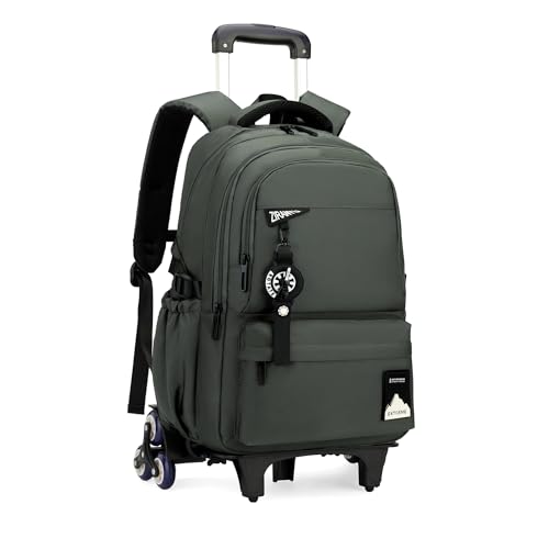 Bansusu Kids Rolling Backpack for Boys School, Classic School Bag Roller Boys Backpack with 6 Wheels, Army-green - color: 6 Wheels-army-green, style: 6 Wheels