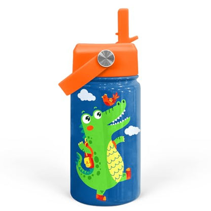 Crocodile Water Bottle - Kids Water Bottle with Straw Lid - 12 Oz Insulated Stainless Steel Water Bottles for Kid Boys - Travel Cup for School Sports - color: Crocodile