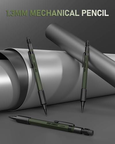 Four Candies 1.3mm Metal Mechanical Pencil Set with 72 Lead Refill, 3PCS | Weatherproof Body, Heavy Duty, 3 Erasers, 16 Eraser Refills, for Outdoor Construction Woodworking Drafting Marking with Case - size: 3-Pack, style: Olive Green