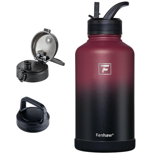 Fanhaw 64 oz Insulated Water Bottle – Large Stainless Steel Jug with 3 Lids (Straw, Chug, Carabiner) | Heavy-Duty, for Camping, Backpacking, Long Hikes & Outdoor Work (Red Black) - color: Red Black, size: 64 Ounces