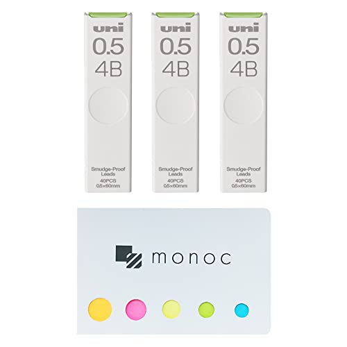 Uni Pencil Lead,"The Uni" Smudge-Proof Leads, 0.5mm 4B, 3 Pack &"monoc" Sticky Note(Japan Import)