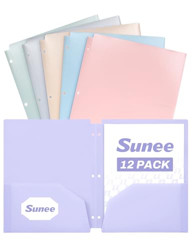 SUNEE 3 Hole Pocket Folders (12 Pack, Pastel Color) Plastic Pocket Folders for 3 Ring Binder, 3-Hole Punched Folders with Pockets, for Kids, Students, Teachers, Office Staff - color: Multicolored 2, style: 12-Pack