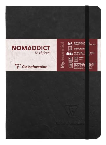 Clairefontaine 793461C Age Bag Collection A My.Essential Black Sewn Elasticated Notebook - A5 14.8x21 cm - 192 Lined Numbered Pages - 90 g Ivory Paper - Grain Leather Glossy Card Cover - color: Black