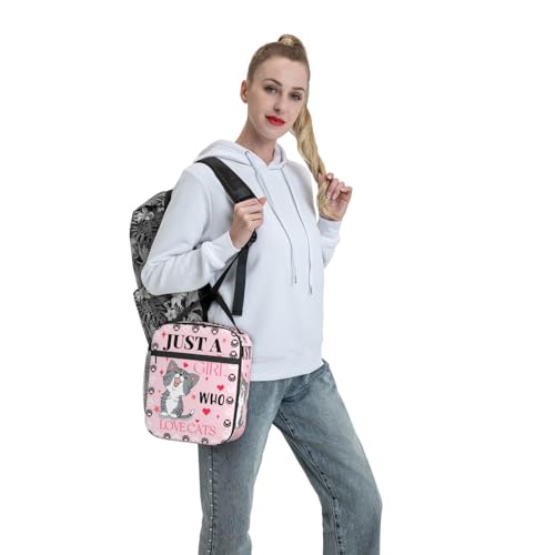 Cute Cat Pink Lunch Bag Large Capacity Heat Insulated Lunch Box, Just A Girl Who Loves Cats Leakproof Durable Portable Reusable Handbags Thermal Cooler Tote Bag for School - color: Cute Cat