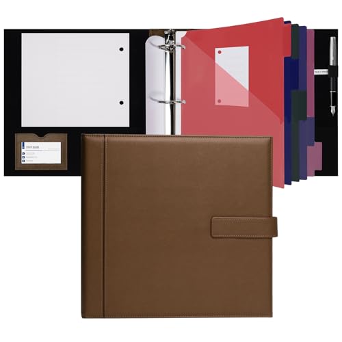 POPRUN 1.5 Inch PU Leather Portfolio Binder, Letter Size, Brown | 1.5" Ring, Letter Size, PU Leather, Dividers, Card Slots, Storage Pockets, Business, Office - color: Brown, size: 1.5 inch