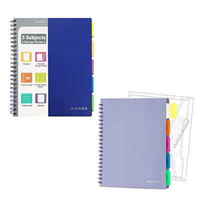 5 Subject Notebook - Spiral Notebook, Blue and Purple College Ruled Notebook With Dividers Pocket, Tabs, 11" Ruler, 200 Pages