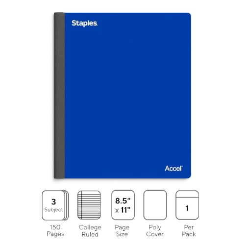 Staples Premium 3-Subject Notebook, 8.5" x 11", College Ruled, 150 Sheets, Blue - size: 1 Pack