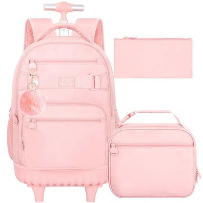 HPJGD 3PCS Girls Rolling Backpack, Womens Pink School Backpacks with Wheels, Water Resistant Roller Kids Wheeled Bookbag Set - color: Classic Pink Rolling Backpack Set