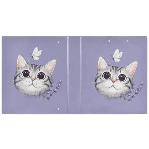 Fustylead Lovely Cat and Butterfly Lavender 3 Ring Binder, D-Rings 1.5" Hardcover Folder, Fits 200 Sheets of A4 Paper, Durable Clipboard & Clean View with Inside Pockets for School Home Office - size: 12.4x10.63x2.36 Inch-2 Pack
