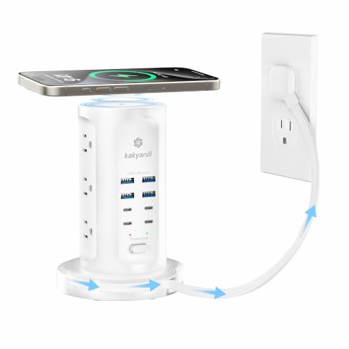 Kakyanill 30W USB Charging Station Power Strip Tower with 9 AC 8 USB Ports | 6Ft Flat Plug Retractable Extension Cord, for Home Office Dorm, White - color: White&Grey