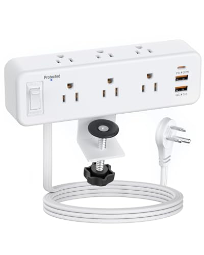 6 Outlet Desk Clamp Power Strip, Flat Plug Extension Cord, Surge Protector | PAEWOK Desktop Edge Mount for 1.8 inch Tabletop Thick, Table Edge Socket with Switch, 6 ft Cord with USB C, White - color: White