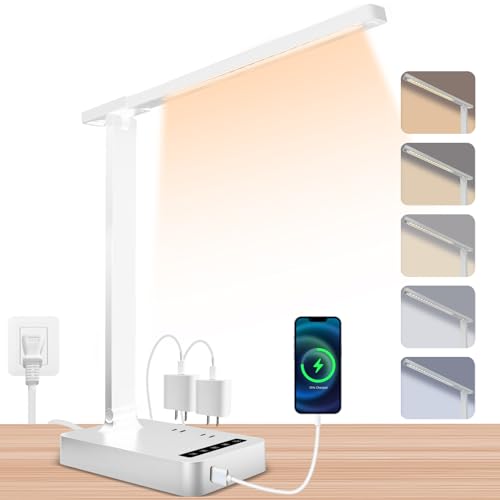 Smart Desk Lamp with 4-in-1 Charging Station (2 AC outlets, Type-C, USB-A Ports), 5 Color temperatures and 5 Brightness Levels, Adjustable gooseneck arm, Eye-Friendly Lighting for desks, bedrooms - color: White, size: Tall Version -16.73 inch