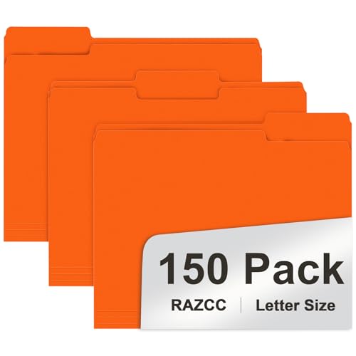 File Folder, RAZCC 150 Pack 1/3 Cut Tab File Folders Letter Size, Orange, Folders with Tab, Great for Organizing and Easy File Storage - color: Orange