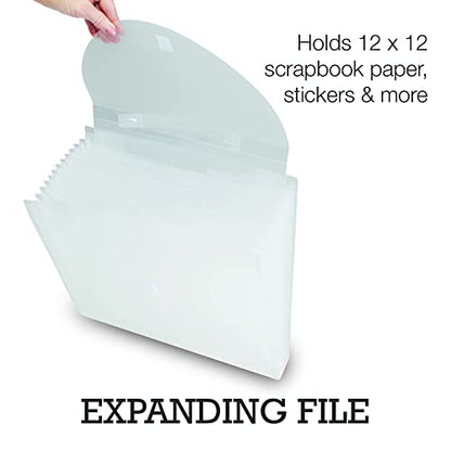 Samsill 12x12 Paper Storage Organizer, Expandable Scrapbook Paper Organizer with 12 Pockets and Tabs for Vinyl, Cardstock, Photos, Clear File with Retractable Handle, Secure Flap Closure - style: Secure Flap Closure