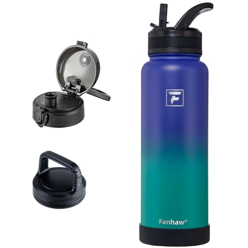 Fanhaw 40 oz Insulated Water Bottle – Stainless Steel Flask with 3 Lids (Straw, Chug, Carabiner) | Durable, Leakproof, for Hiking, Camping, Outdoor Adventures & Travel (Purple Green) - color: Purple Green, size: 40 Ounces
